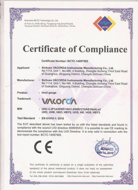 China Sichuan Vacorda Instruments Manufacturing Co., Ltd certificaten